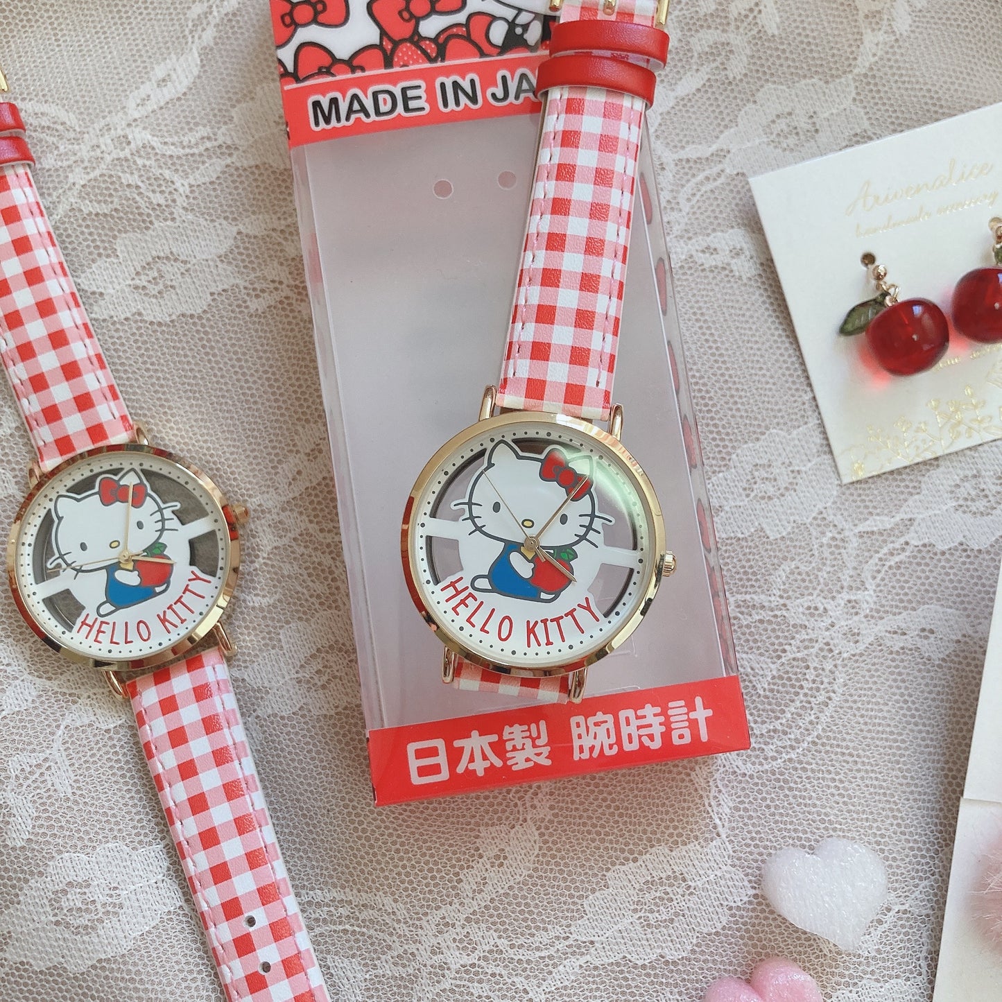 Made in Japan Hello Kitty Watch 女裝 日本製 Hello Kitty 田園紅白格仔手錶