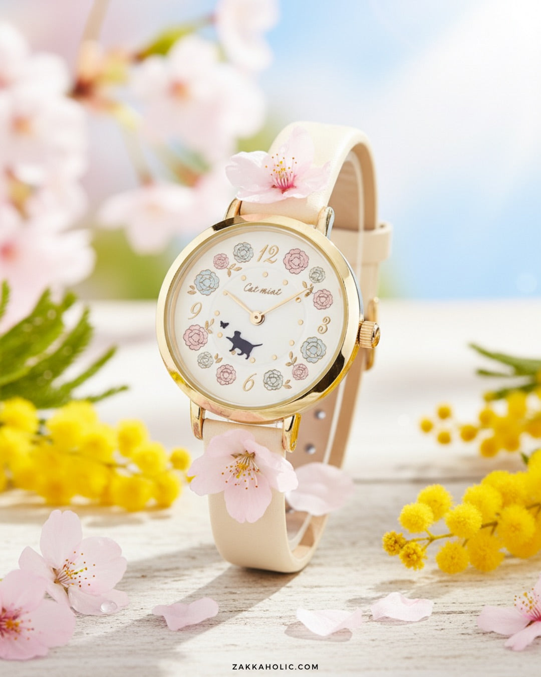 Pastel Floral Moveable Cat Walk Watch ༘⋆✿  女裝 春日花海貓貓轉動手錶 [日常防水]