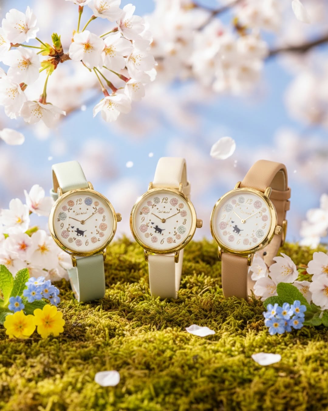 Pastel Floral Moveable Cat Walk Watch ༘⋆✿  女裝 春日花海貓貓轉動手錶 [日常防水]