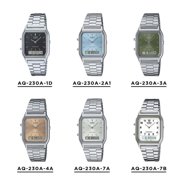 Casio Vintage Watch Unisex 男裝 女裝 冰川藍 數字跳字兩用 復古鋼手錶 (日常防水) AQ-230A
