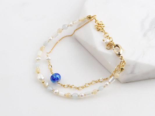 Jeenar Okinawa handmade bracelet 2連淡水珍珠 白螢琉璃 BRW-103