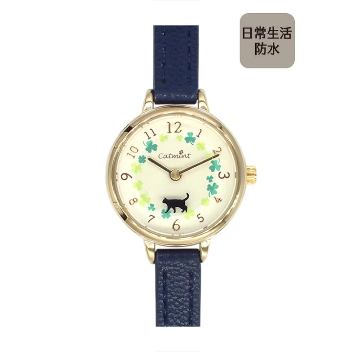 [日常防水] 女裝 Water Proof Moveable Cat Walk Clover Watch 幸運四葉草貓貓轉動手錶