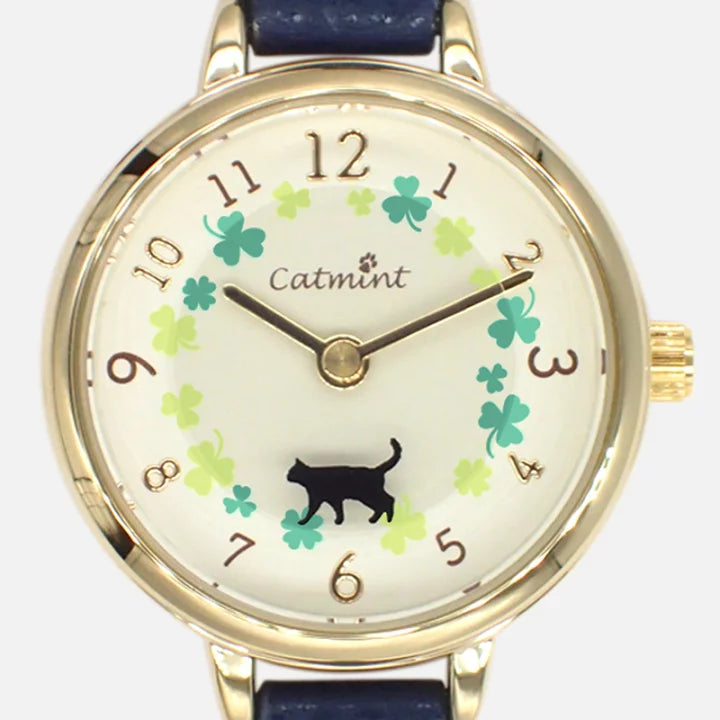 [日常防水] 女裝 Water Proof Moveable Cat Walk Clover Watch 幸運四葉草貓貓轉動手錶