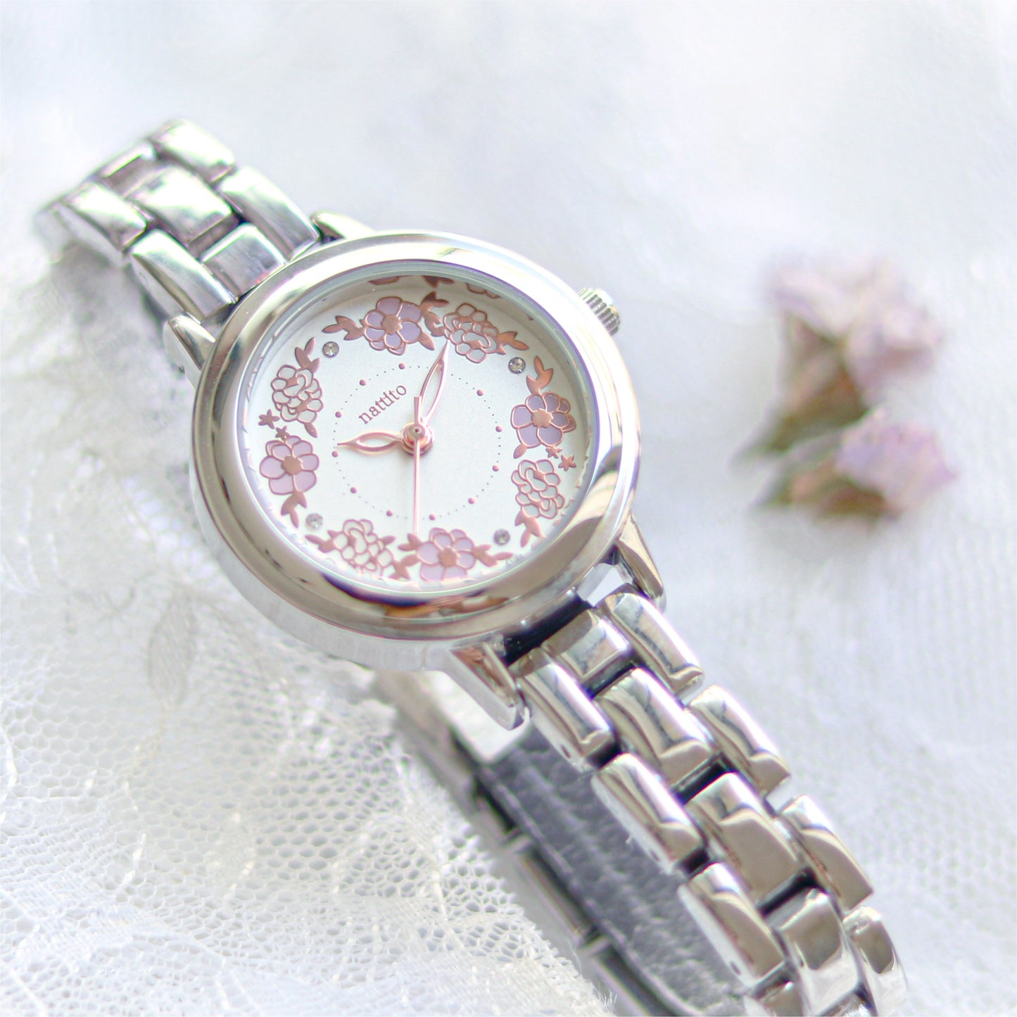 [防水] Flower Metal Watch 復古花圈鋼錶 女裝