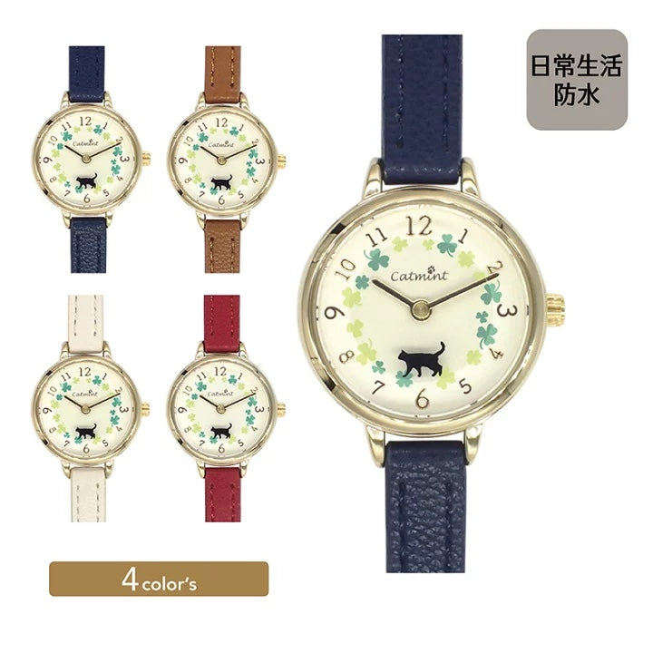 [日常防水] 女裝 Water Proof Moveable Cat Walk Clover Watch 幸運四葉草貓貓轉動手錶