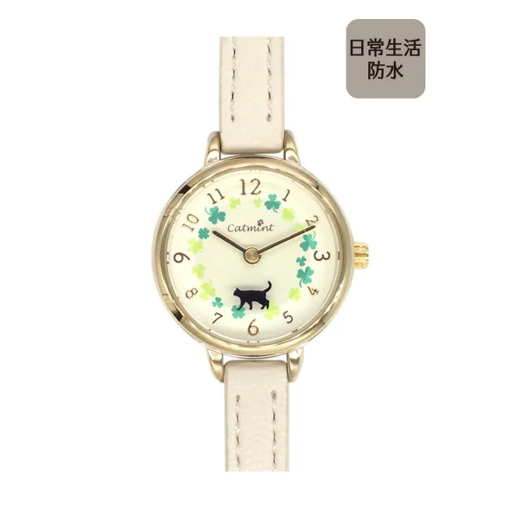 [日常防水] 女裝 Water Proof Moveable Cat Walk Clover Watch 幸運四葉草貓貓轉動手錶