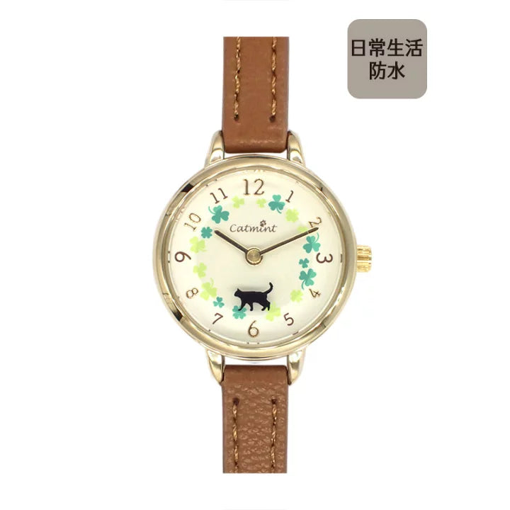 [日常防水] 女裝 Water Proof Moveable Cat Walk Clover Watch 幸運四葉草貓貓轉動手錶