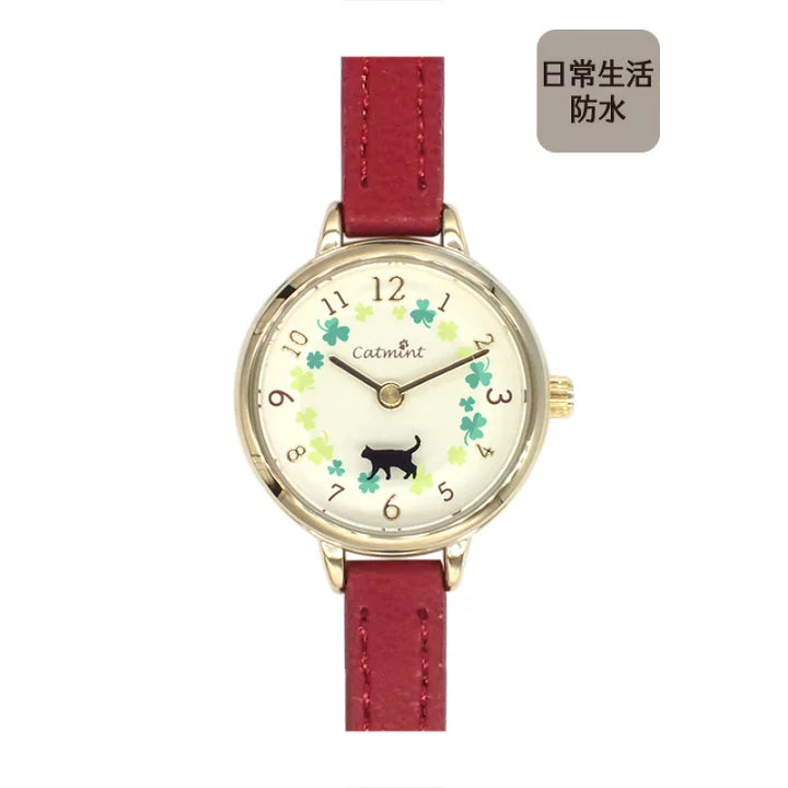 [日常防水] 女裝 Water Proof Moveable Cat Walk Clover Watch 幸運四葉草貓貓轉動手錶